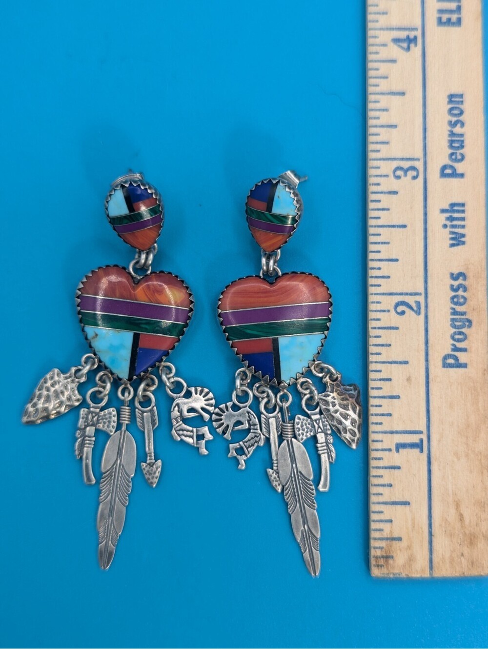 Vintage QT Sterling Silver 925 Inlay Heart Dangle Earrings Feathers Kokopelli